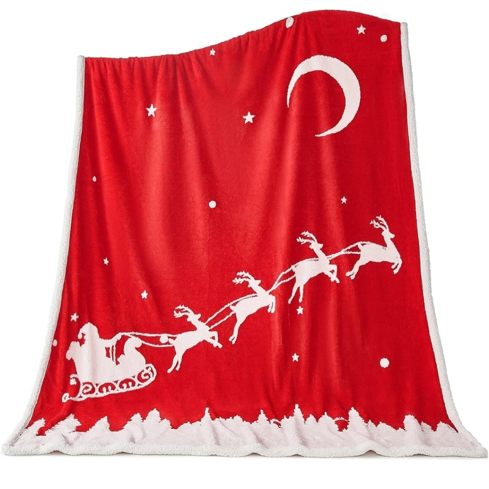 Malinad Red NIP Christmas Santa Clause & Reindeers Fleece/Sherpa Throw Blanket